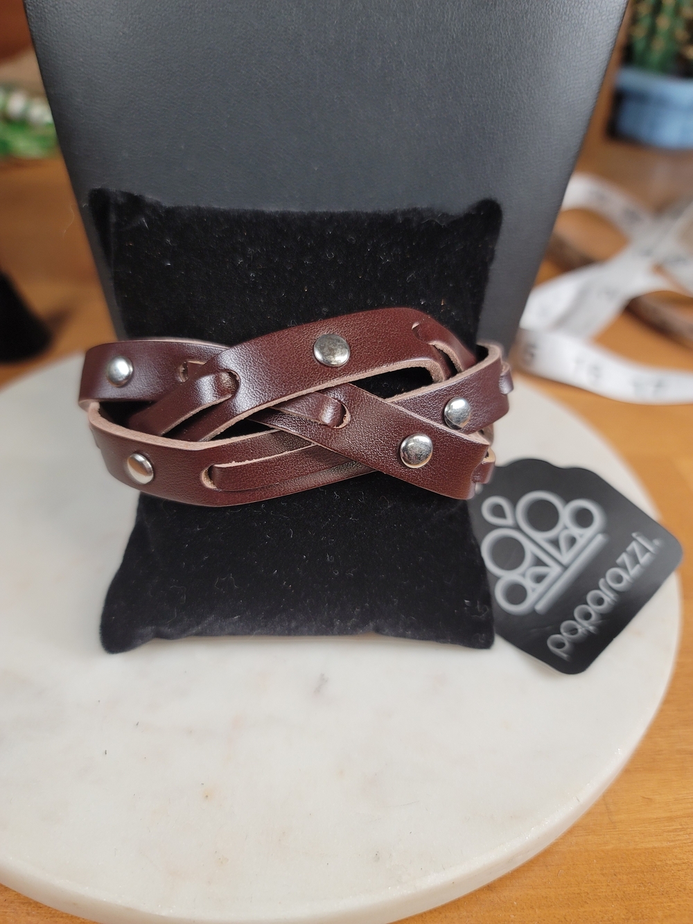 paparazzi Men's Dark Brown Braided Leather Wrap Bracelet with Studs
